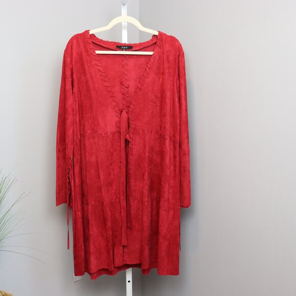 Joh Red Faux Suede Duster Jacket Size M – Boho Open Front Tie - Picture 1 of 3